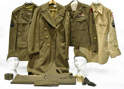 Collection Lot of WWII U.S. Army Service Uniforms and: Offered Without Reserve - There is NO ESTIMATE on this item. - Vintage Original Collection of WWII U.S. Army Service Jackets and Shirts with Rank, Service and Unit Patches, Selection of Garrison Caps,