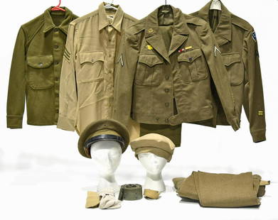 Collection Lot of WWII U.S. Army Uniforms and: Offered Without Reserve - There is NO ESTIMATE on this item. - Vintage Original Collection Lot of WWII U.S. Army Uniform Service Jackets and Shirts with Rank, Service and Unit Patches, Service Cap and