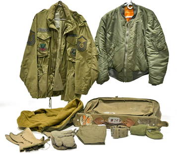 Lot of WWII Clothing Bag and Leggings, Cold War Fatigue: Offered Without Reserve - There is NO ESTIMATE on this item. - Vintage Original Lot of WWII Clothing Bag and Leggings, Cold War Fatigue Blouse and Flight Jacket, Cold Weather Mittens