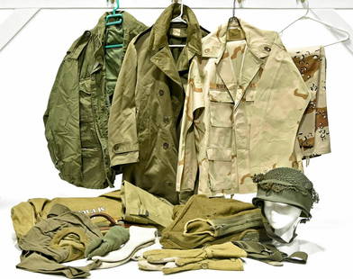 Lot of Field Jackets, Blouses, Helmet with Camouflage: Offered Without Reserve - There is NO ESTIMATE on this item. - Vintage Original Collection of Field Jackets and Blouses, Helmet with Camouflage Netting, Winter Gloves and Torque, Clothing Bag