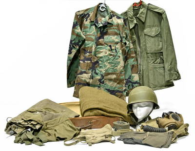 Cold War U.S. Army Field Blouses, Clothing Bag, Helmet,: Offered Without Reserve - There is NO ESTIMATE on this item. - Vintage Original Collection of Cold War U.S. Army Field Blouses, Clothing Bag, Helmet, Gas Mask, Ground Sheet and Winter Mittens