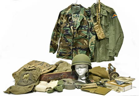 Cold War U.S. Army Field Blouses, Clothing Bag, Helmet,: Offered Without Reserve - There is NO ESTIMATE on this item. - Vintage Original Collection Lot of Cold War U.S. Army Field Blouses, Clothing Bag, Helmet, Gas Mask, Ground Sheet and Winter Mittens