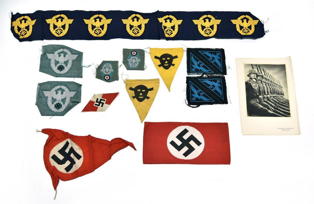 Third Reich Nazi Germany Civilian Insignia: Third Reich Nazi Germany Civilian Insignia - Offered Without Reserve - Third Reich Nazi Germany Civilian Insignia Including Police and Hitler Youth Patches, Minefield Warning Pennants, Nazi Part Flag 