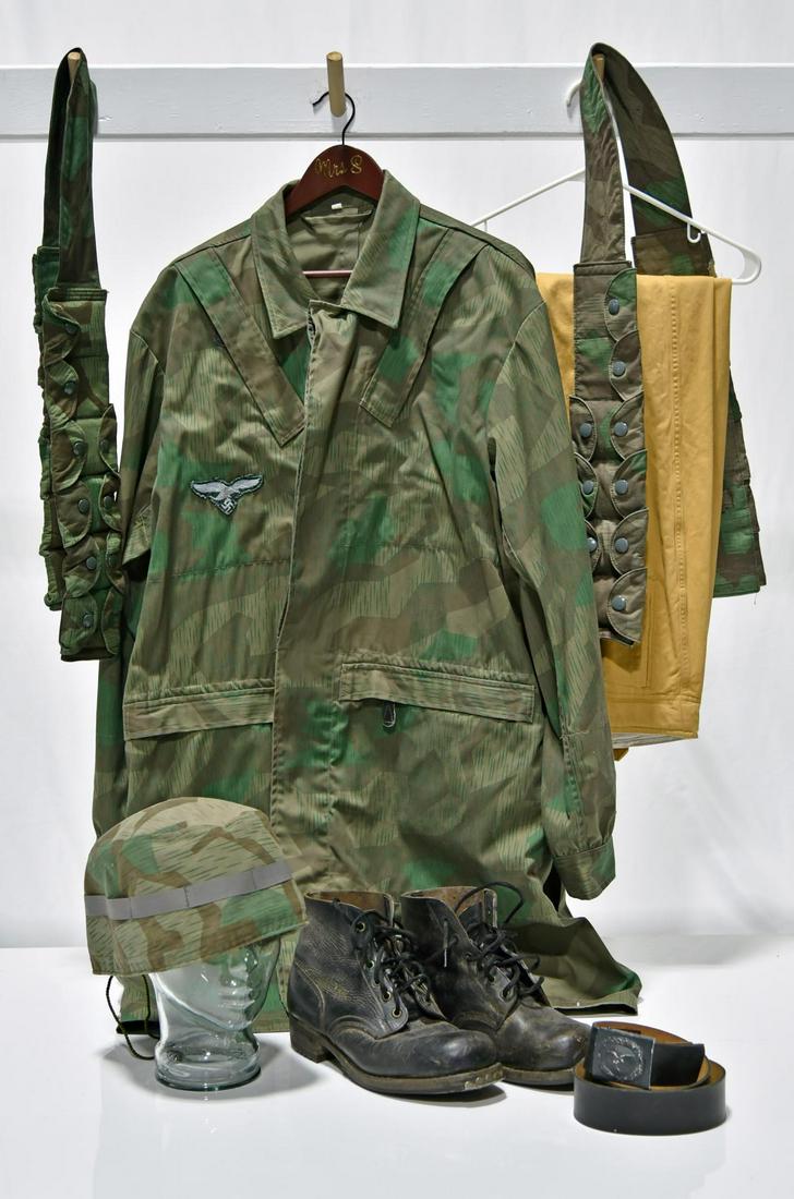WWII German Air Force Paratrooper Uniform: WWII German Air Force Paratrooper Uniform - Offered Without Reserve - There is NO ESTIMATE on this item. - WWII German Air Force Original Boots and Reproduction Paratrooper Jump Smock, Ammunition Band
