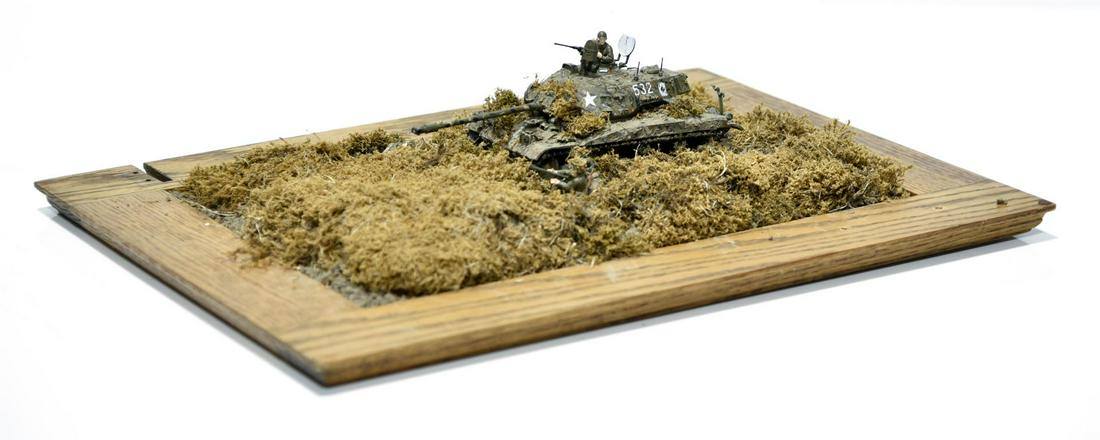 Cold War Scale U.S. Tank Model and Diorama: Cold War Scale U.S. Tank Model and Diorama - Offered Without Reserve - There is NO ESTIMATE on this item. - Cold War Scale U.S. Tank in Grassland Themed Diorama