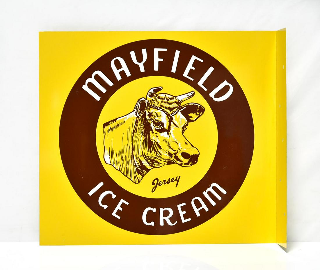 Mayfield Ice Cream DS Flange Sign: Mayfield Ice Cream DS Flange Sign - Offered Without Reserve - There is NO ESTIMATE on this item. - Vintage Original Mayfield Ice Cream DS Flange Sign. Very good condition. Has light wear. Dimensions: 