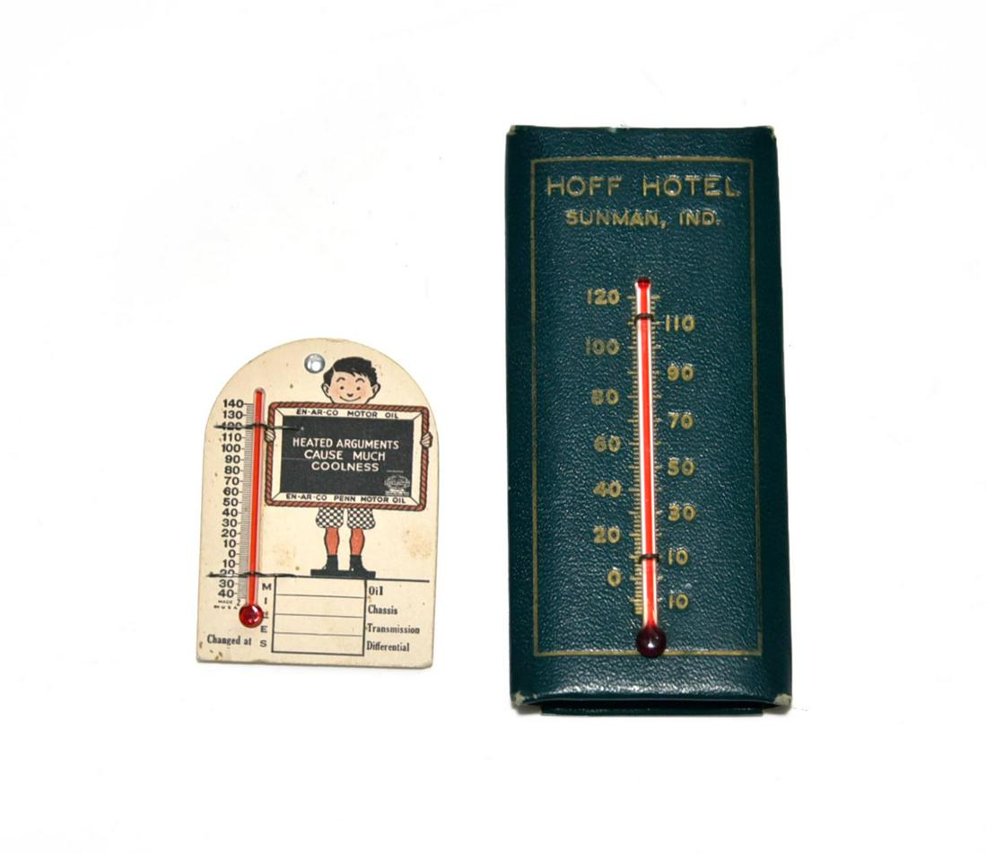 En-Ar-Co Oil & Hoff Hotel Advertising Thermometer: En-Ar-Co Oil & Hoff Hotel Advertising Thermometer - Offered Without Reserve - There is NO ESTIMATE on this item. - Vintage Original En-Ar-Co Oil & Hoff Hotel Advertising Thermometer. En-Ar-Co Pinback 