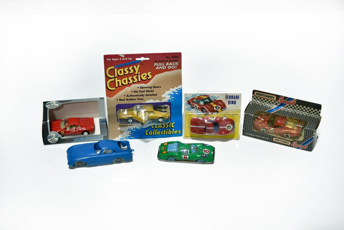 Vintage Lot of Ferrari Diecast, Plastic and Tin Cars: Vintage Lot of Ferrari Diecast, Plastic and Tin Cars - Offered Without Reserve - There is NO ESTIMATE on this item. - Vintage Lot of Ferrari Diecast, Plastic and Tin Cars. Some have friction and pull 