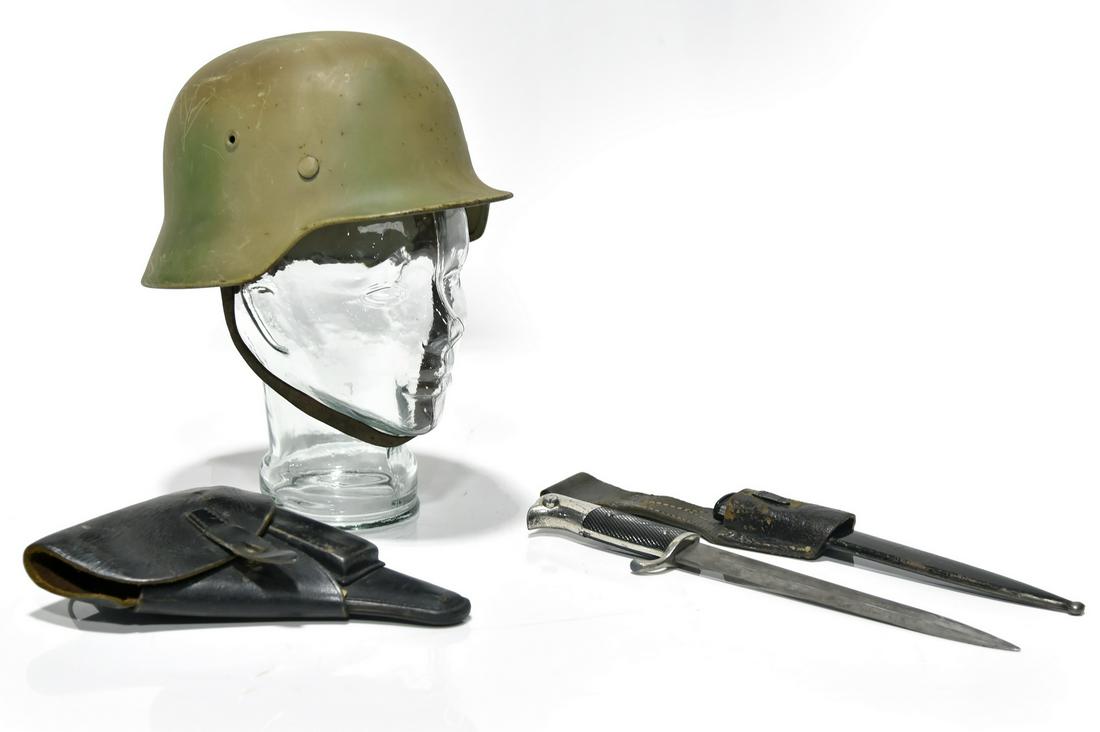 WWII German Military Helmet, German Leather Pistol: WWII German Military Helmet, German Leather Pistol Holster and German Bayonet - Offered Without Reserve - Vintage Original WWII German Military Helmet, German Leather Pistol Holster and German Bayonet