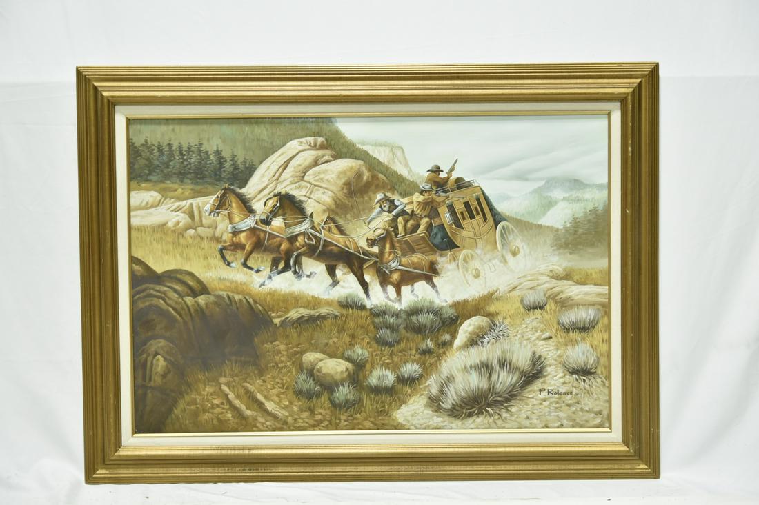 Vintage Western Stagecoach Oil Painting P. Rolence (1 of 3)