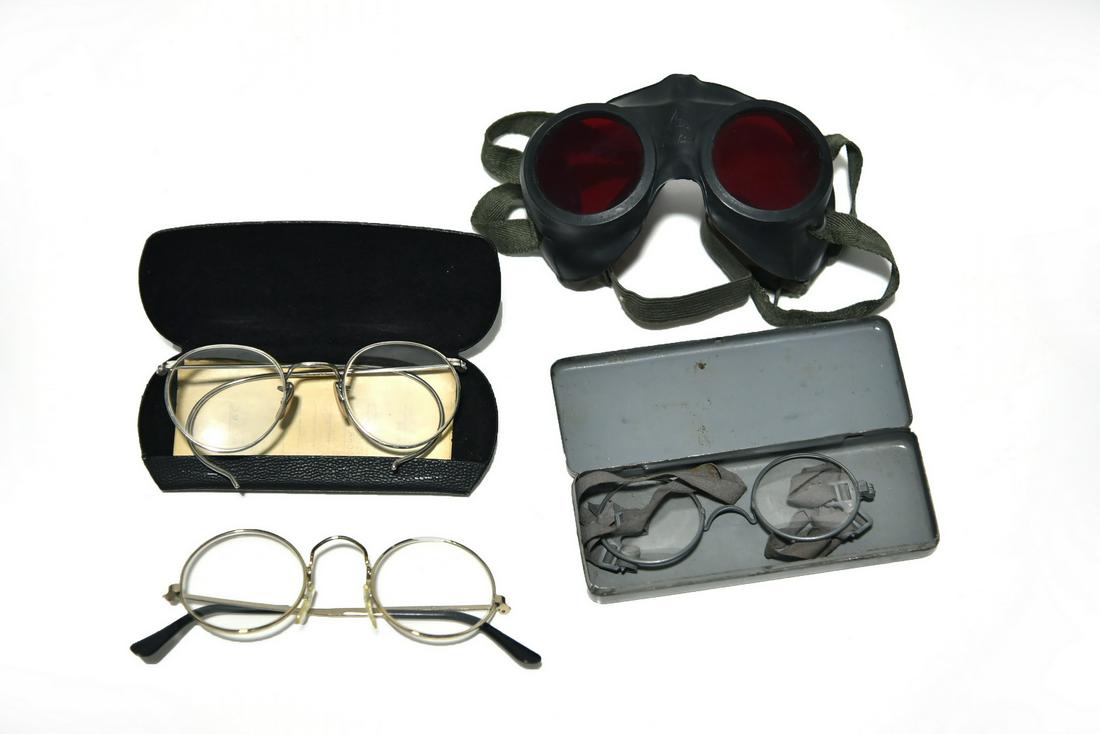Original WWII Military Eyewear Lot: Original WWII Military Eyewear Lot - Offered Without Reserve - Vintage Lot of Original WWII Military Issue Eyewear, Including Two German and Two U.S. Issue Eyewear. They do have wear and tear. Masken