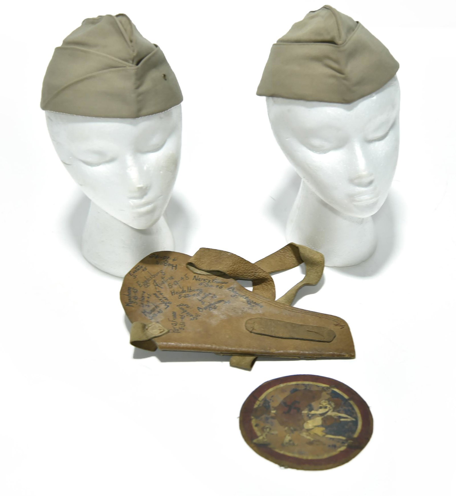 Original WWII U.S. Garrison Caps, Pistol Holster and: Original WWII U.S. Garrison Caps, Pistol Holster and Flight Jacket Patch - Offered Without Reserve - Vintage Original WWII U.S. Army Garrison Caps, Shoulder Strap Holster with List of Service Mans Tou