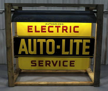 Auto-Lite Porcelain Lighted Service Sign with Hood: Auto-Lite Porcelain Lighted Service Sign with Hood - Offered Without Reserve - Vintage Auto-Lite Automobile Electric Service DSP Porcelain Sign with Original Hood and Hanging Bracket. Crated. Very