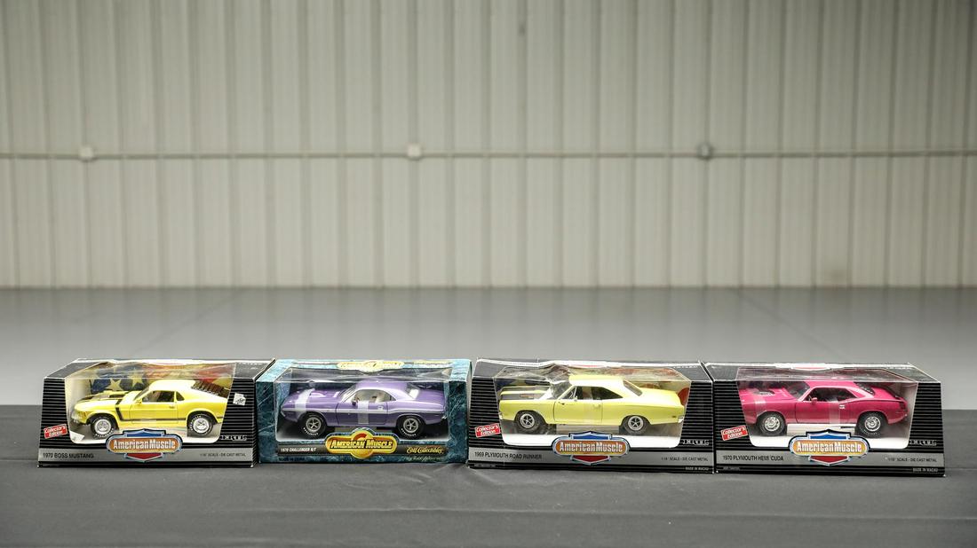 Lot of 4 ERTL American Muscle 1:18 Scale Die-Cast Cars: Lot of 4 ERTL American Muscle 1:18 Scale Die-Cast Cars in the Box - Offered Without Reserve - 1970 Plymouth Hemi Cuda, 1970 Boss Mustang, 1969 Plymouth Road Runner, 1970 Dodge Challenger