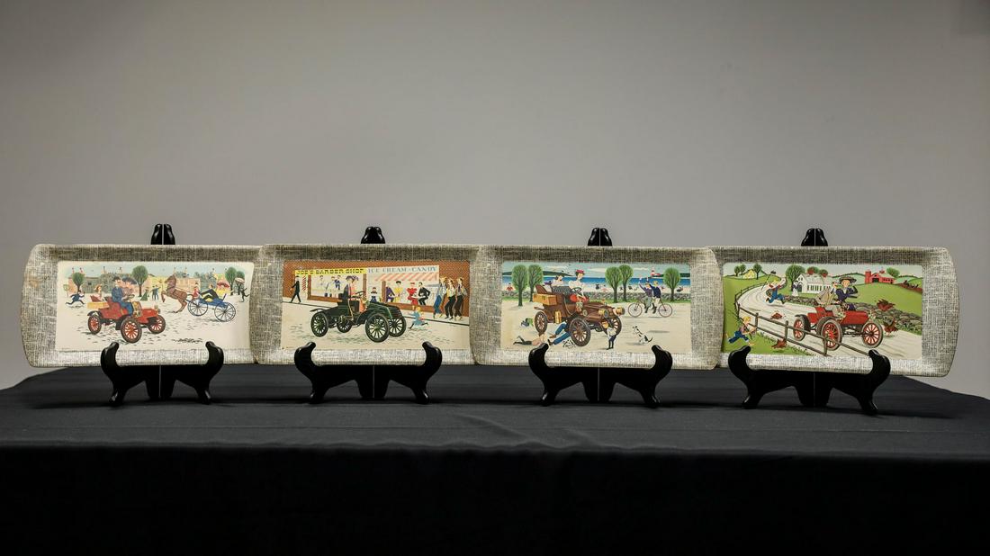 Four Kentley Antique Auto Serving Trays: Four Kentley Antique Auto Serving Trays - Offered Without ReserveIssued in late the 1950s, features original illustration for 1902 Cadillac, 1903 Ford, 1902 Oldsmobile and 1901 Packard, all with gray 