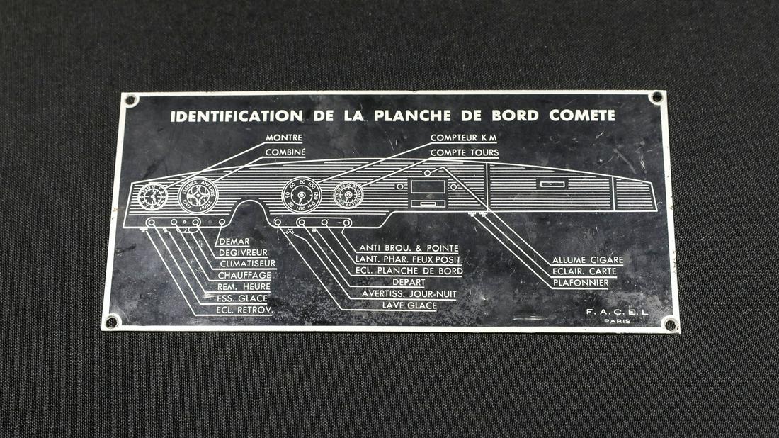 Dashboard Layout for the Ford Comet Plaque: Dashboard Layout for the Ford Comet Plaque - Offered Without ReserveFeatures illustration of the dashboard of this unique car with instruments and controlled identified, produced by F.A.C.E.L. Paris, 