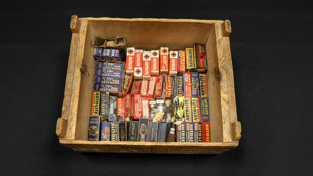 Collection of Vintage Spark Plugs and Wooden Crate (1 of 4)
