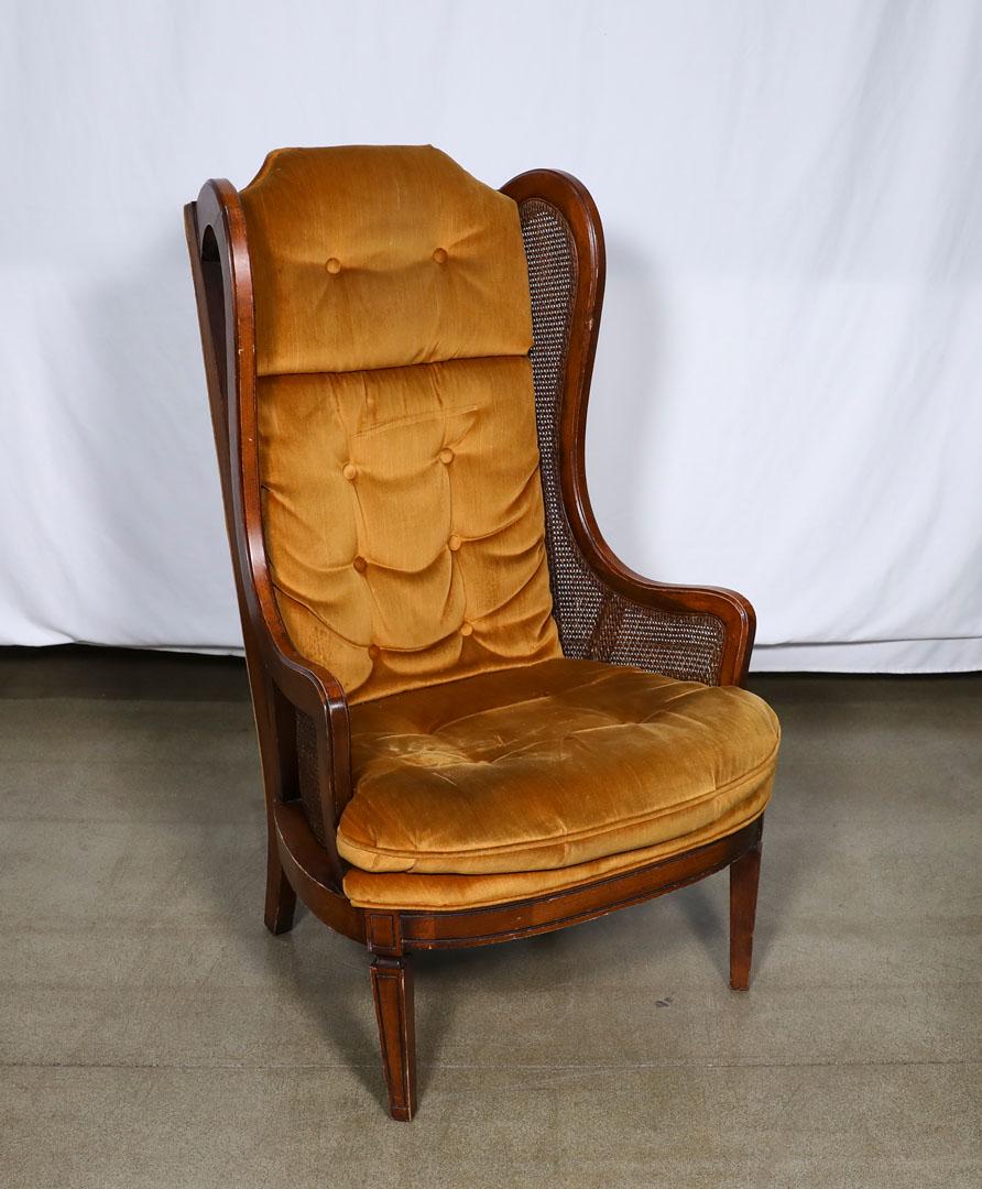 Vintage Velvet Wingback with Rattan Sides: Vintage Velvet Wingback with Rattan Sides - Offered Without ReserveSigns of wear but solid construction, 40"D 27"W 45"H