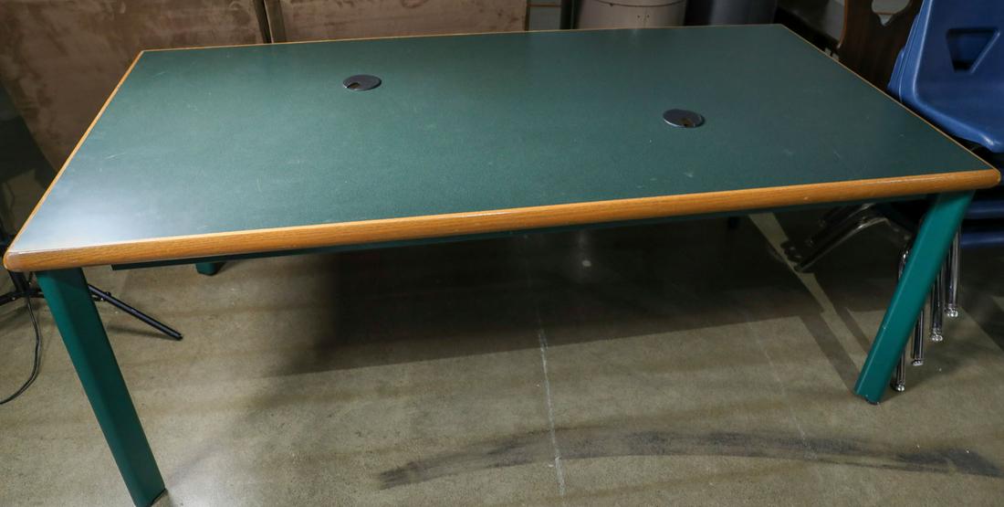 Work Table: Work Table - Offered Without Reserve6'L 3'W 28"H, Green metal legs, holes on top for electronics