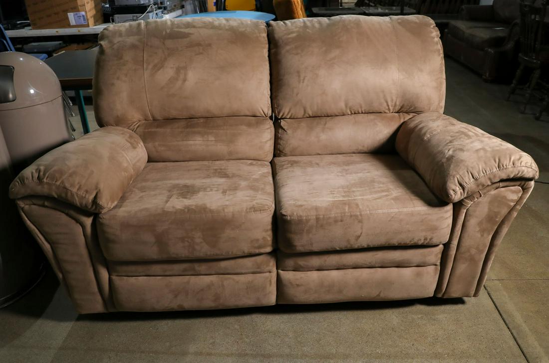 Couch: Couch - Offered Without Reserve42"D 66"W 38"H, Micro fabric, light brown with dual recliners.