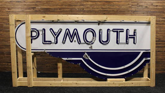 Large Plymouth Dealership Porcelain Neon Sign -: Large Plymouth Dealership Porcelain Neon Sign - Restored - Offered Without ReserveOriginal single-sided sign by Walker Sign Co., restored neon against dark blue and white enamel, T.A.C. authenticated,