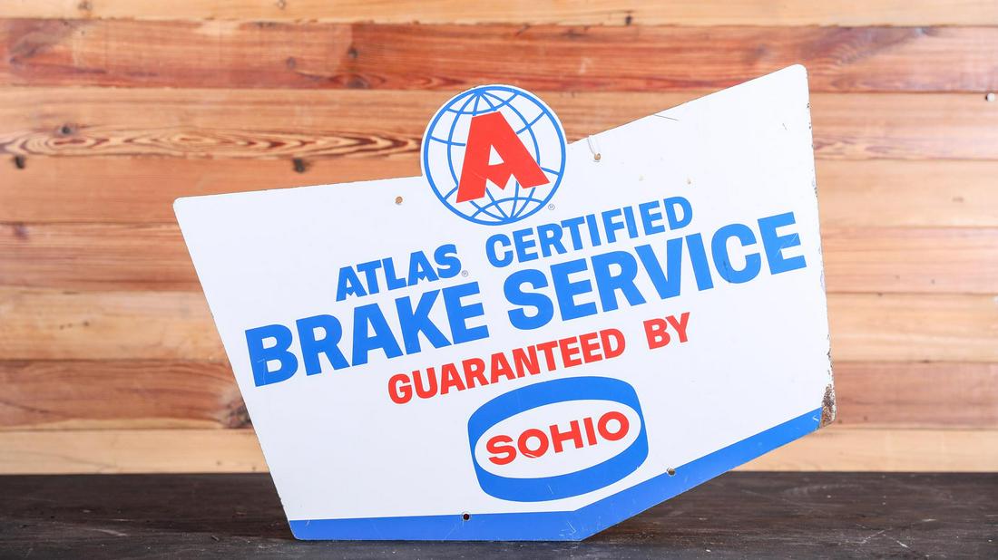 Atlas Brake Service-Sohio Single-Sided Enamel Sign: Atlas Brake Service-Sohio Single-Sided Enamel Sign - Offered Without Reserve ---- ITEMS IS LOCATED IN FORT LAUDERDALE, FL ITEMS MUST BE PAID FOR AND REMOVED BY NOV. 11TH AT 3PM. ANY ITEMS LEFT AFTER N
