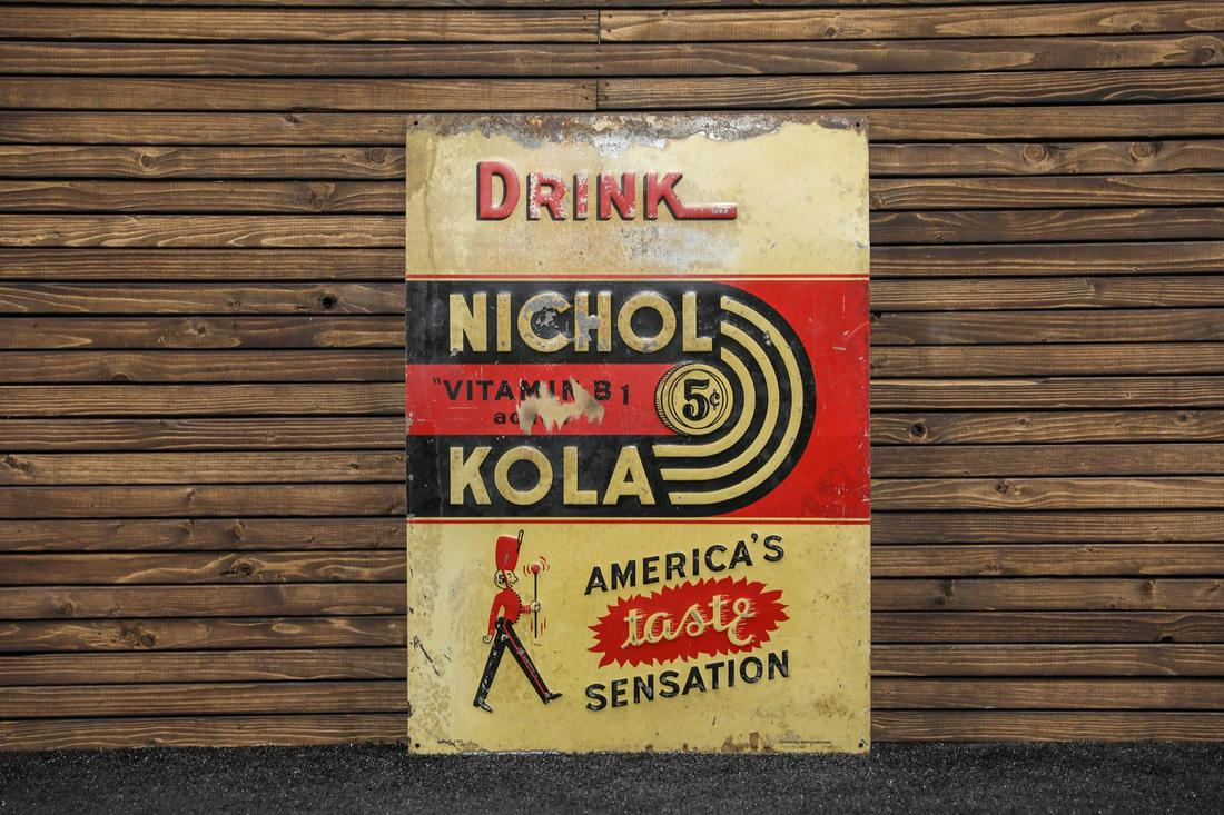 Circa 1930s Drink Nichol Kola 5-Cents Tin Sign: Circa 1930s Drink Nichol Kola 5-Cents Tin Sign - Offered Without Reserve ---- ITEM IS LOCATED IN AUBURN, IN ITEMS MUST BE PAID FOR AND REMOVED BY APRIL 28TH AT 3PM. ANY ITEMS LEFT AFTER APRIL 28TH WIL