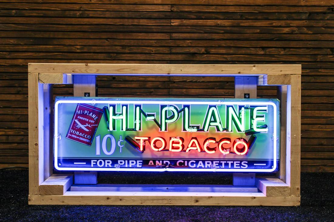 Hi-Plane Tobacco Enamel Neon Sign: Hi-Plane Tobacco Enamel Neon Sign - Offered Without Reserve ---- ITEM IS LOCATED IN AUBURN, IN ITEMS MUST BE PAID FOR AND REMOVED BY APRIL 28TH AT 3PM. ANY ITEMS LEFT AFTER APRIL 28TH WILL BE SHIPPED 