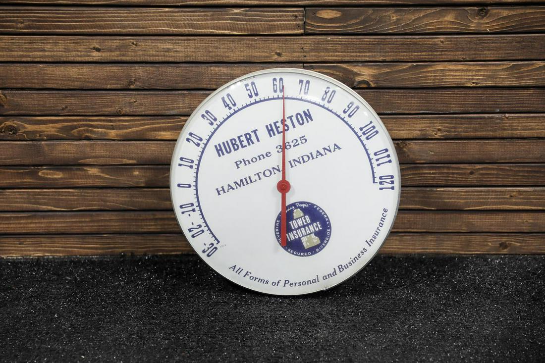 Tower Insurance Round Thermometer: Tower Insurance Round Thermometer - Offered Without Reserve ---- ITEM IS LOCATED IN AUBURN, IN ITEMS MUST BE PAID FOR AND REMOVED BY APRIL 28TH AT 3PM. ANY ITEMS LEFT AFTER APRIL 28TH WILL BE SHIPPED 