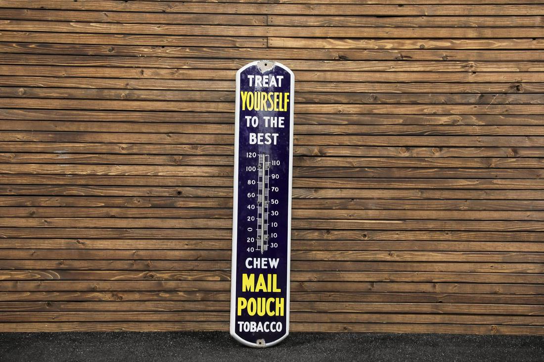 Circa 1950s Mail Pouch Tobacco Porcelain Thermometer: Circa 1950s Mail Pouch Tobacco Porcelain Thermometer - Offered Without Reserve ---- ITEM IS LOCATED IN AUBURN, IN ITEMS MUST BE PAID FOR AND REMOVED BY APRIL 28TH AT 3PM. ANY ITEMS LEFT AFTER APRIL 28