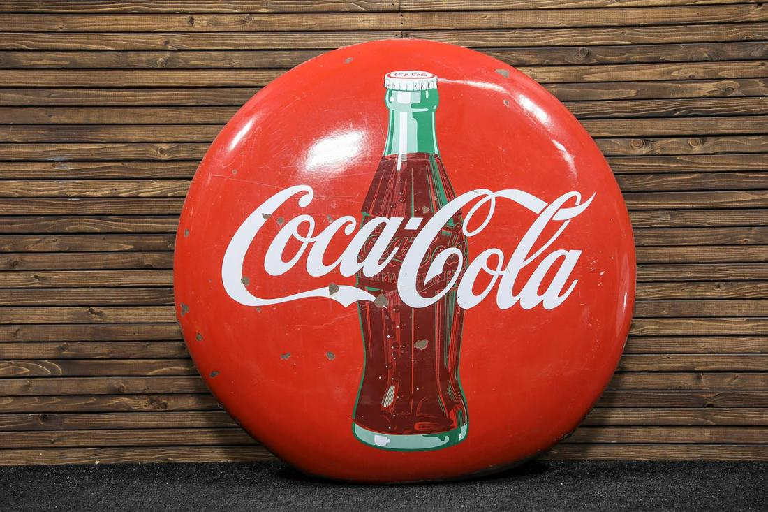 Circa 1950s Coca-Cola Bottle Button Porcelain Sign (1 of 2)
