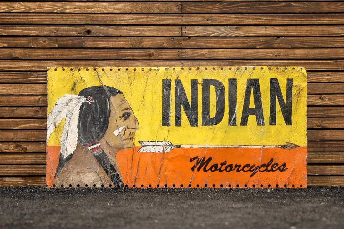 Indian Motorcycle Painted Sign: Indian Motorcycle Painted Sign - Offered Without Reserve ---- ITEM IS LOCATED IN AUBURN, IN ITEMS MUST BE PAID FOR AND REMOVED BY APRIL 28TH AT 3PM. ANY ITEMS LEFT AFTER APRIL 28TH WILL BE SHIPPED AT 