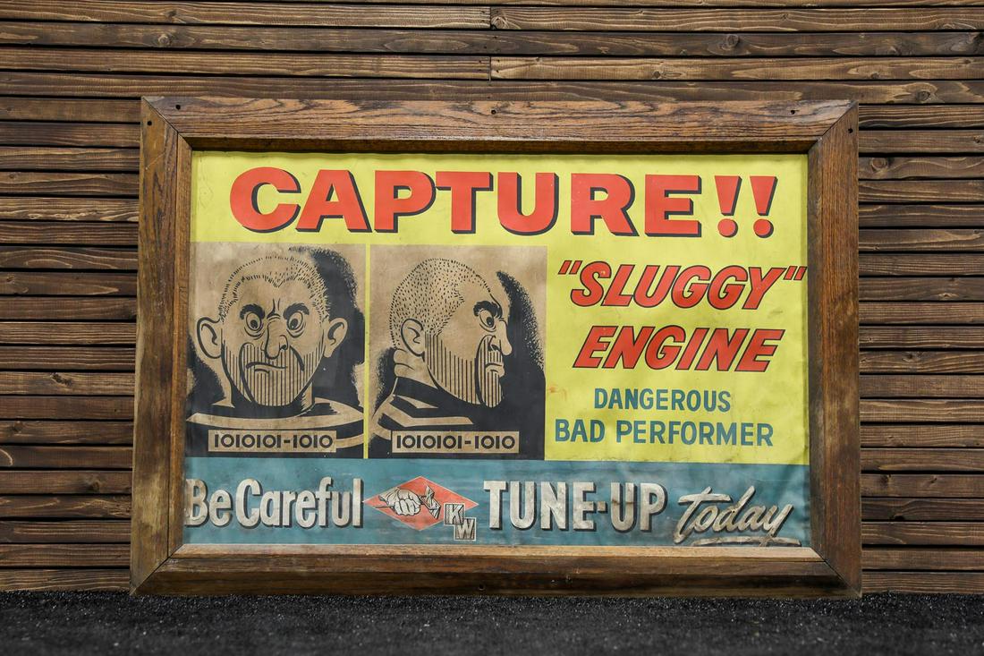 1940s Vintage "Capture Sluggy" KW Auto Tune-Up Advertising Poster: 1940s Vintage "Capture Sluggy" KW Auto Tune-Up Advertising Poster - Offered Without Reserve ---- ITEM IS LOCATED IN AUBURN, IN ITEMS MUST BE PAID FOR AND REMOVED BY APRIL 28TH AT 3PM. ANY ITEMS LEFT A