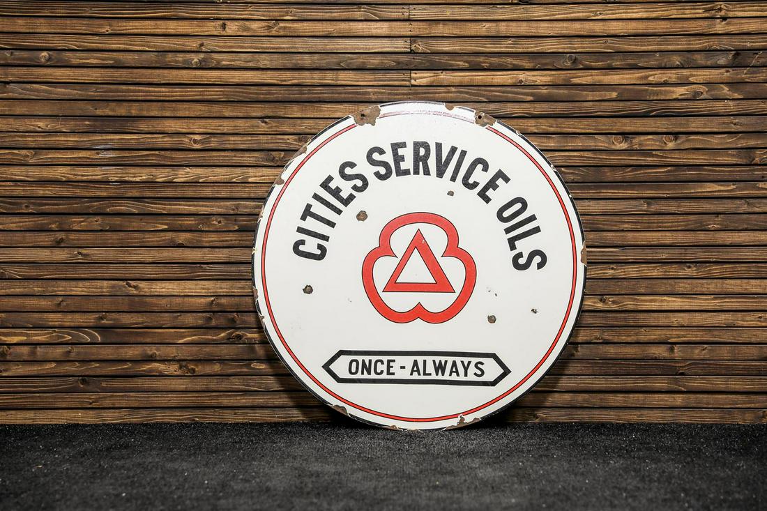 Circa 1940s Cities Service Oils "Once-Always" Double-Sided Porcelain Sign (1 of 4)