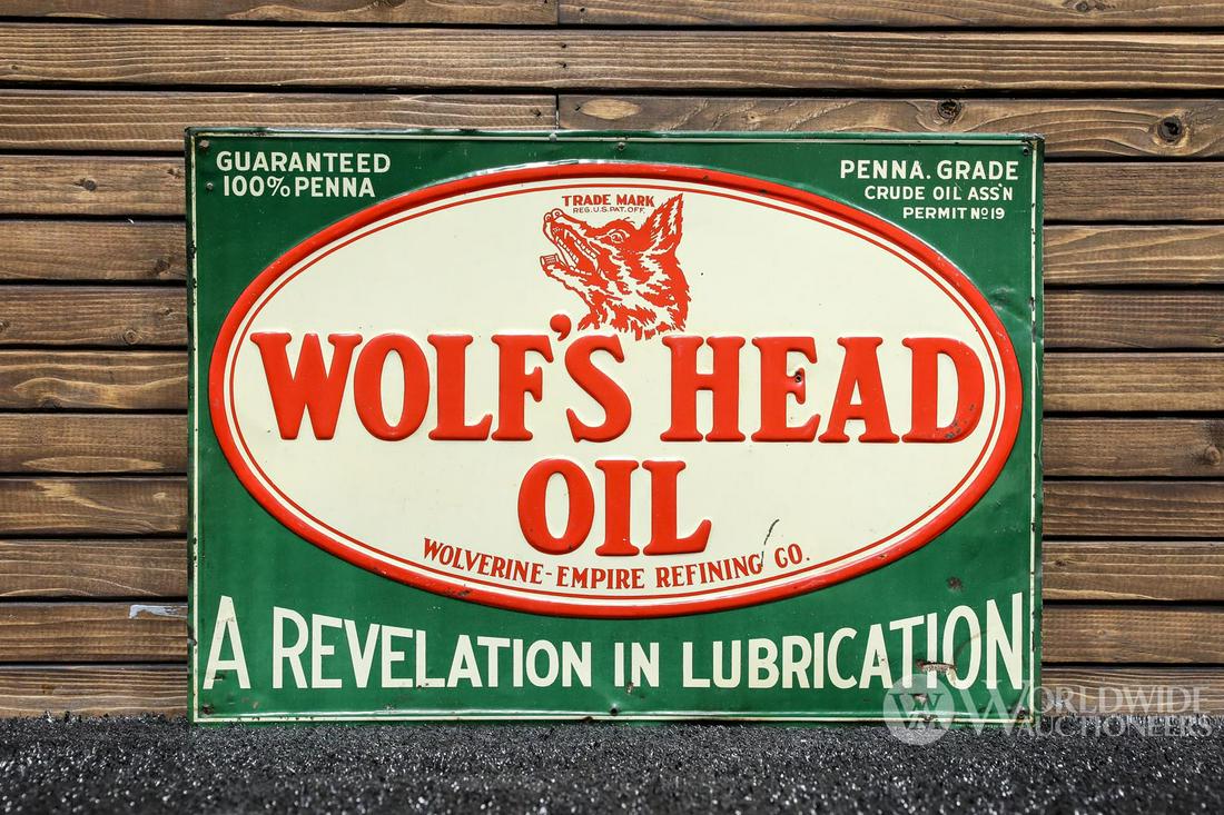 1940s Wolf's Head Oil Tin Sign (1 of 3)