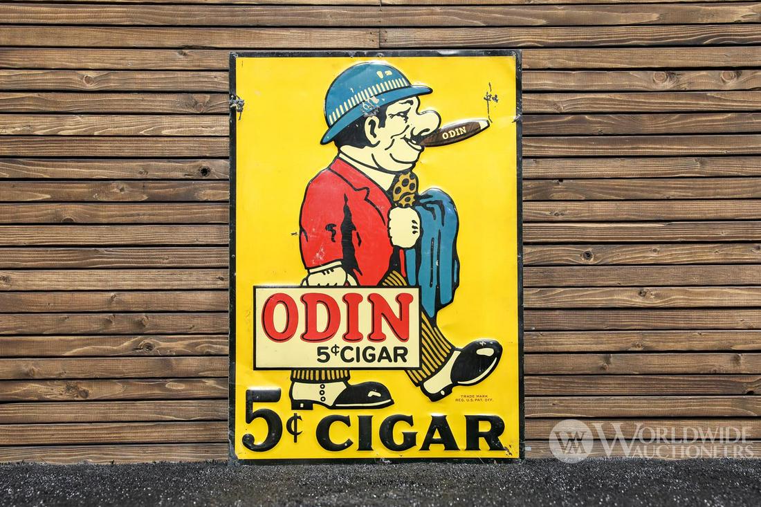 1930s Odin Cigars Yellow Metal Sign (1 of 3)