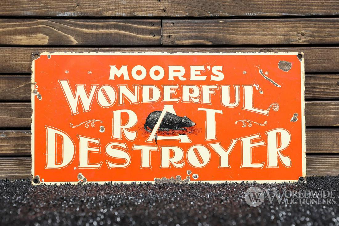 1920s Moore's "Wonderful Rat Destroyer" Single-Sided Porcelain Sign: 1920s Moore's "Wonderful Rat Destroyer" Single-Sided Porcelain Sign - Offered Without Reserve ---- ITEM IS LOCATED IN AUBURN, IN ITEMS MUST BE PAID FOR AND REMOVED BY SEPT. 9TH AT 3PM. ANY ITEMS LEFT 