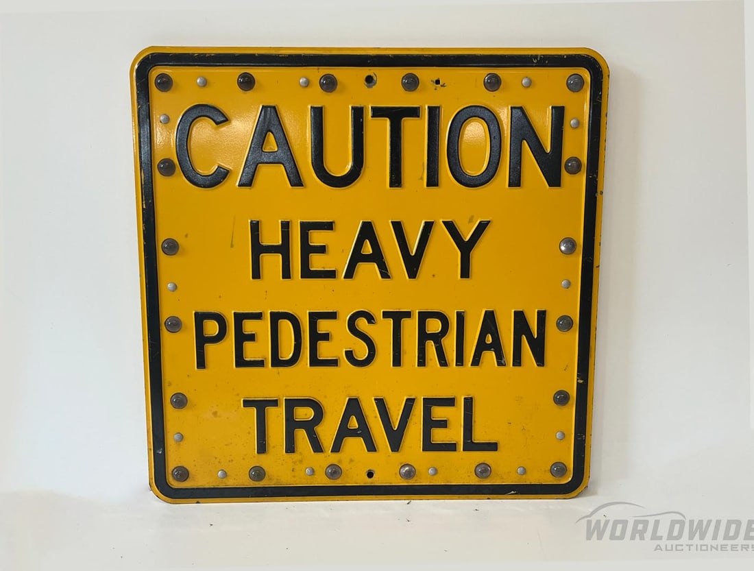 1950s "Caution - Heavy Pedestrian Travel" Embossed Warning Sign (1 of 3)