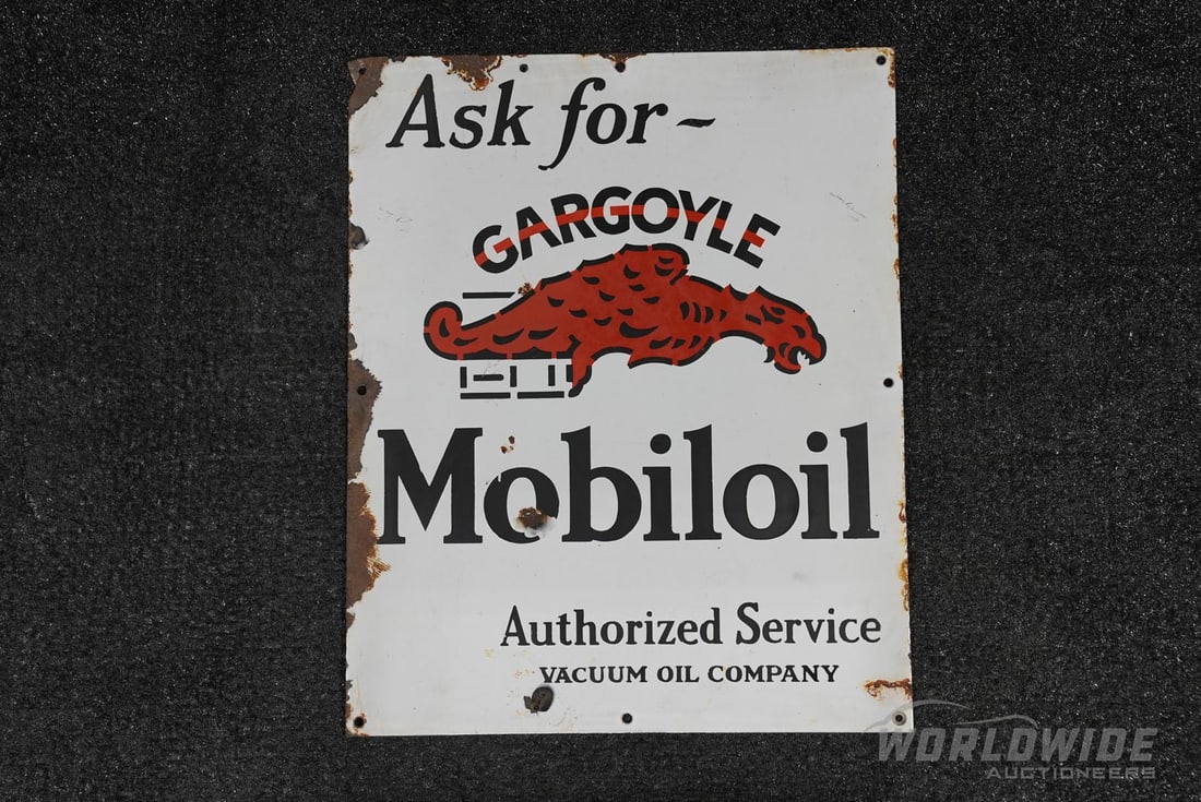 Gargoyle "Ask for Mobiloil" Single-Sided Enamel Sign: Gargoyle "Ask for Mobiloil" Single-Sided Enamel Sign - Offered Without Reserve ---- ITEM IS LOCATED IN AUBURN, IN ITEMS MUST BE PAID FOR AND REMOVED BY SEPT. 7TH AT 3PM. ANY ITEMS LEFT AFTER SEPT. 7TH