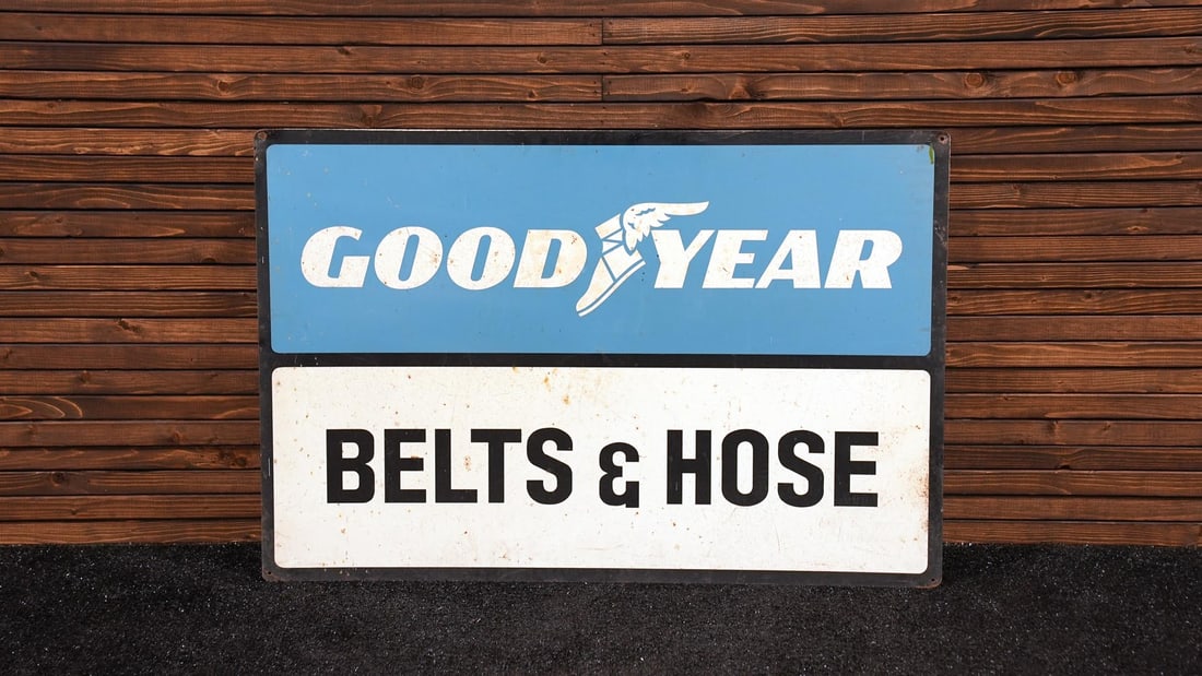 1980s Goodyear Belts & Hoses Sign: 1980s Goodyear Belts & Hoses Sign ---- ITEM IS LOCATED IN AUBURN, IN ITEMS MUST BE PAID FOR AND REMOVED BY MARCH 14TH AT 3PM. ANY ITEMS LEFT AFTER MARCH 14TH WILL BE SHIPPED AT THE BUYER'S EXPENSE WIT