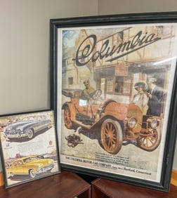 Framed Columbia Motor Car Poster and Framed Kaiser-Frazer Ad