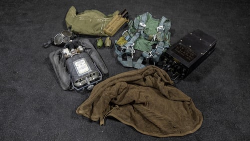 Decommissioned Hand Grenades, Bag, Oxygen Mask & Tank, Harness, Net, Gun Magazines, Radio
