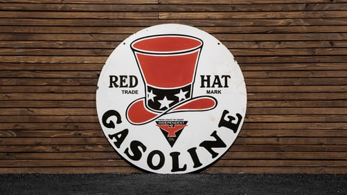 Red Hat Gasoline Double Sided Porcelain Sign