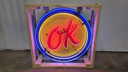 Original OK (Used Cars) Porcelain Restored Neon Sign