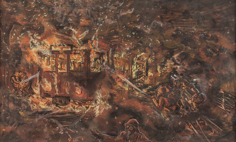 Wolfgang Tschepke 20. Jhd.: "Zugbrand auf der Berliner U-Bahn am 04.10.72, Linie A" (1972) Zeichnung, Kreidezeichnung/Papier, 21 cm x 33 cm, Bild II links unten signiert, datiert, rechts unten und verso bezeichnet Drawing, chalk