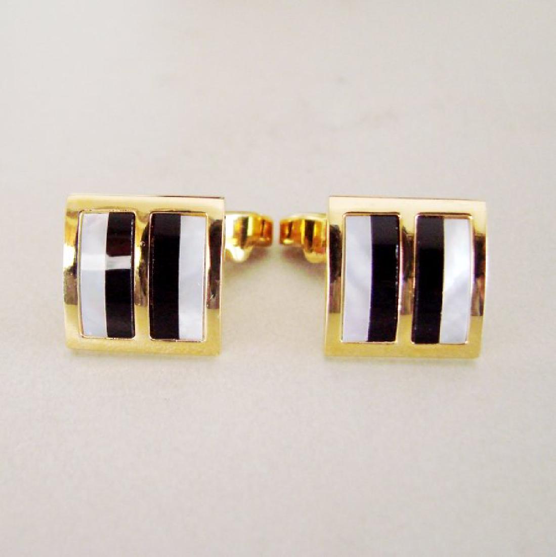 Men Cufflink Stainless Mother Pearl Onyx 18k Y/g Over (1 of 3)