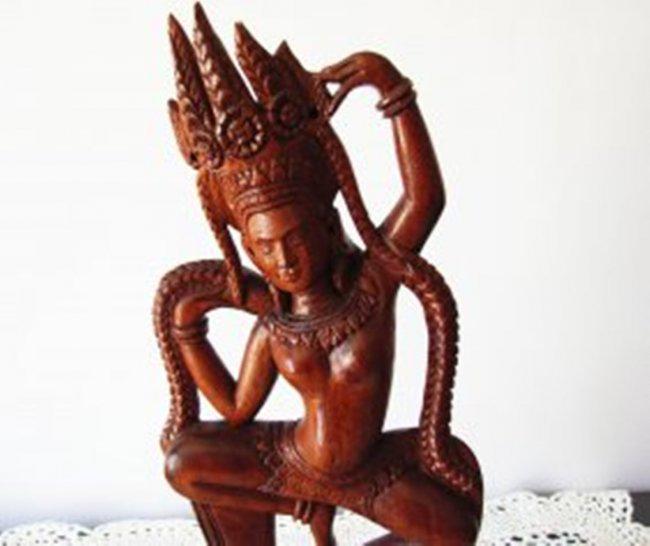 Cambodian Wood Carved Apsara Dancer 19th Century: Wood carved Apsara Dancer Qty: 1 Item: Apsara Height: 14 Width: 6.20" Weight: Approximetly a pound Material: Wood Carved: Hand carved Estimated Value Price: $3,500