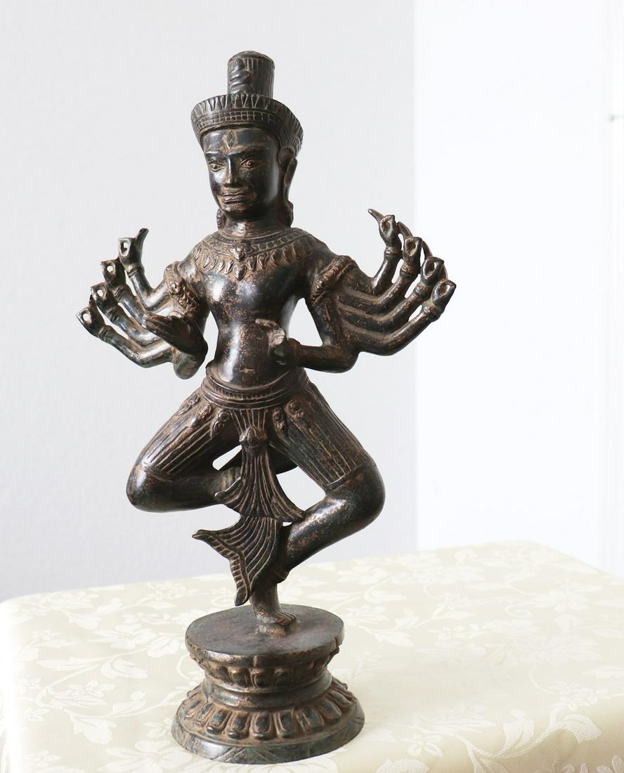 Khmer Angkor,Buddha Brass King Statue 12th Century: Khmer Angkor,Buddha Brass King Vihnu With 10 Arms Statue 12th Century Antiques by Handcrafted Collection item Color:Gold Black Texture Material: Solid Bronze Height: 15" x Width: 8.5"inch Weight: 4.50