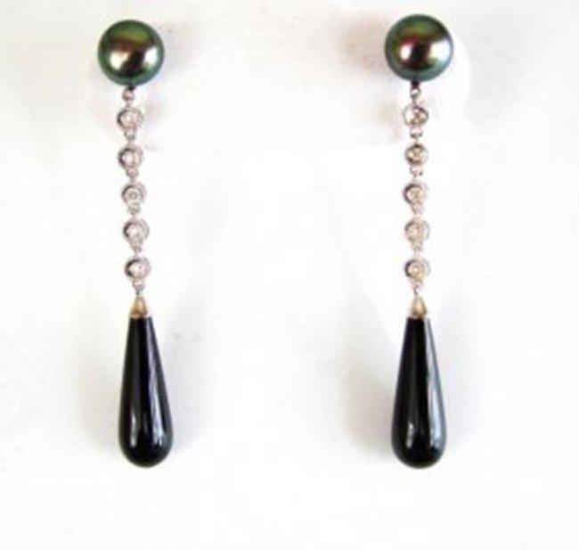 Diamond-Pearl-Onyx Earrings Dangle 14k W/g (1 of 4)