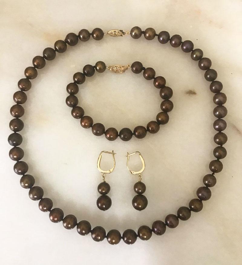 Chocolate Culture Pearls Set 10 mm 14k Yellow Gold (1 of 2)
